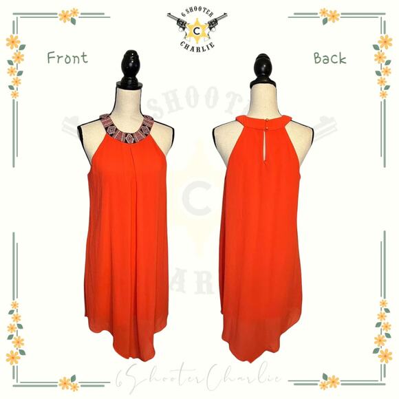 By & By Sleeveless Orange Halter Dress Embroidered Aztec Lined Flowy Size Large - Picture 1 of 7
